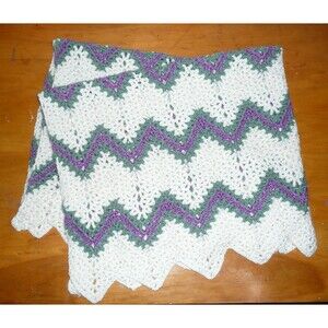 Handmade Crocheted Lap Blanket Zig Zag Chevron Pattern Cream White Purple Green